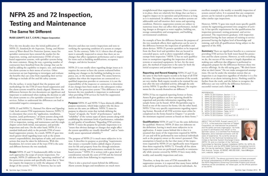 NFPA 25 and 72 Inspection, Testing and Maintenance