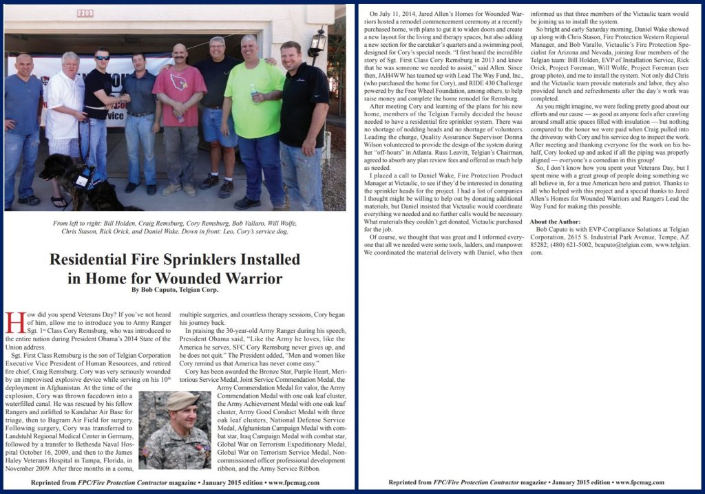 Fire Protection Contractor article features Wounded Warrior Cory Remsburg's home rebuild