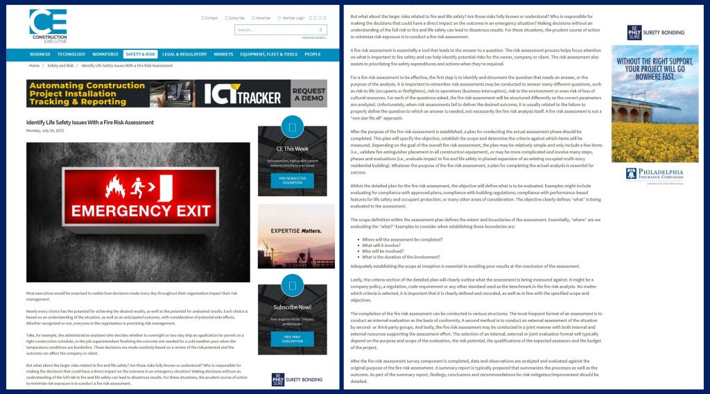 Fire Risk Assessment article by Telgian's Len Ramo featured in Construction Executive Risk Management magazine