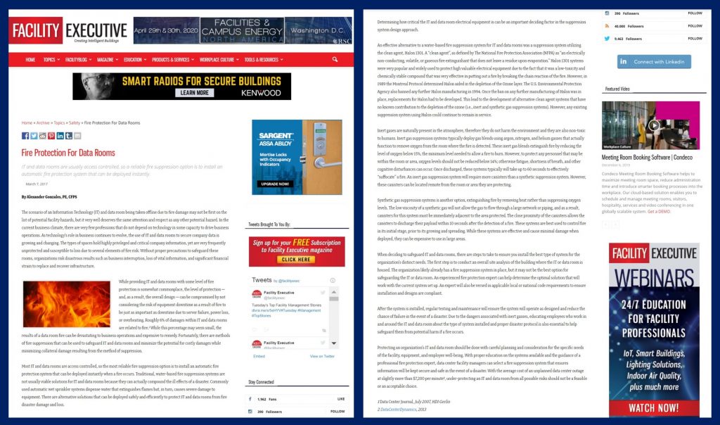Fire Protection for Data Rooms featured in FacilityExecutive.com