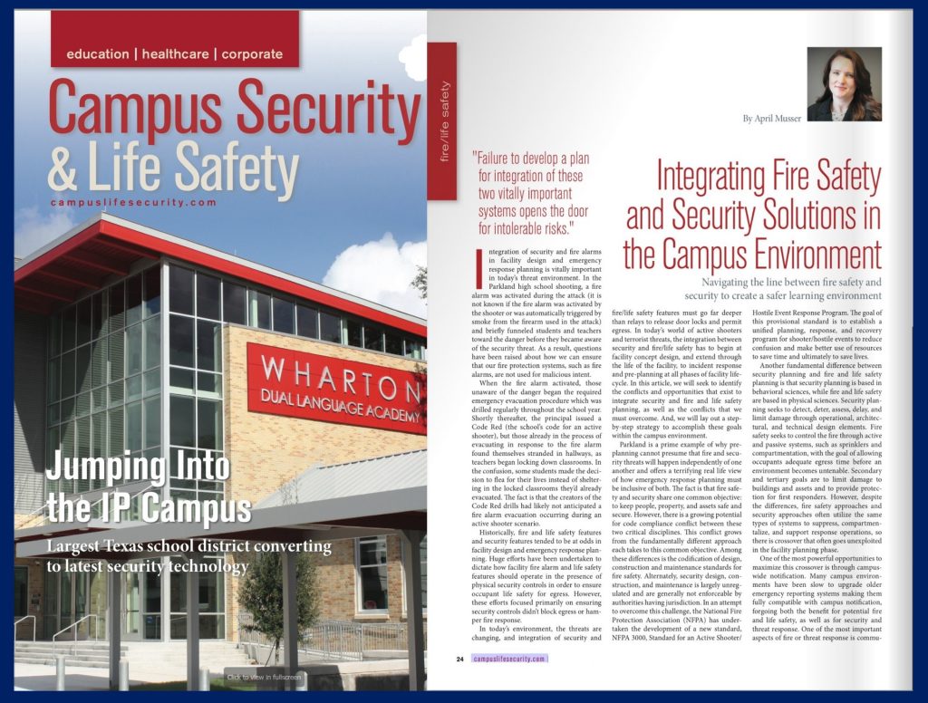 April Musser’s article, “Integrating Fire Safety and Security Solutions in the Campus Environment” featured in Campus Security and Safety magazine